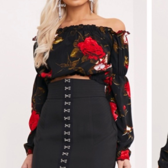 Prettylittlething Red and black floral Bardot top - Picture 1 of 3